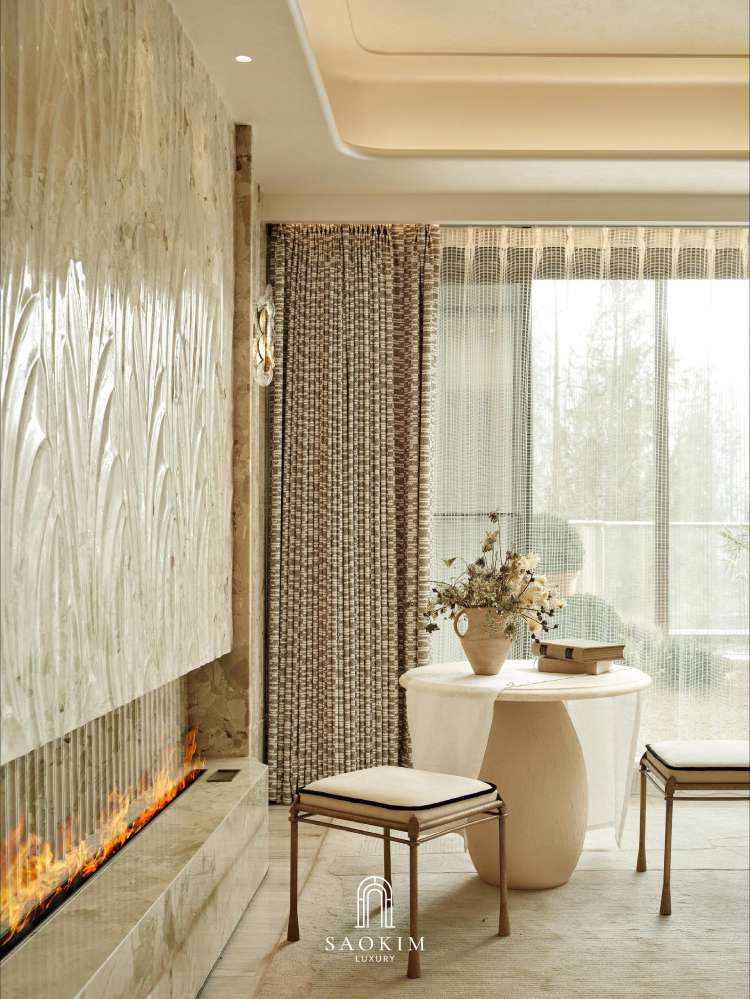 Phòng khách tại thiết kế penthouse phong cách Organic Luxury
